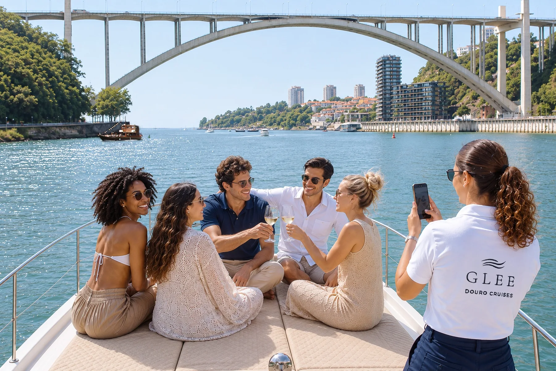 Small group enjoying drinks aboard GLEE beneath the Arrábida Bridge